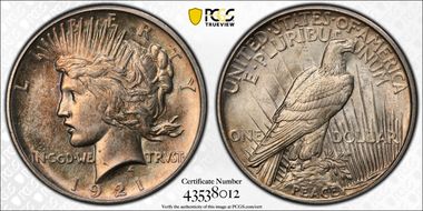1921 $1 VAM 1H, Polishing Lines Peace MS62