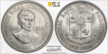 1961 Peso Dr. Jose Rizal KM-192  Ag MS64