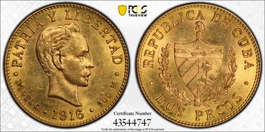 1916 2 Peso KM-17  Au MS62