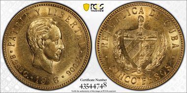 1916 5 Peso KM-19  Au AU58