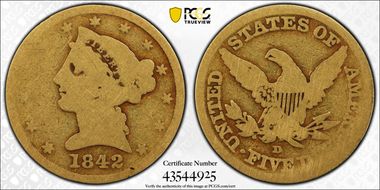 1842-D $5 Large Date AG3