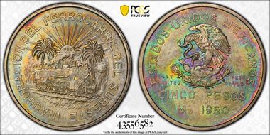 1950-Mo 5 Peso Southeastern Railroad KM-466  Ag MS63
