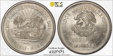 1950-Mo 5 Peso Southeastern Railroad KM-466  Ag MS66