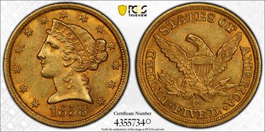1858-C $5 AU58