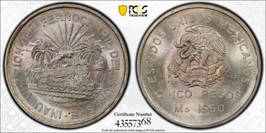 1950-Mo 5 Peso Southeastern Railroad KM-466  Ag MS65