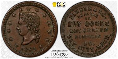 1863 Token F-65A-1a Copper PE Binder & Co. AU58BN