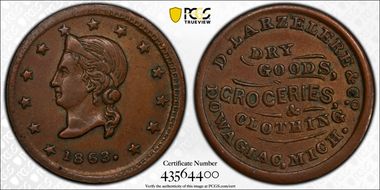 1863 Token F-250D-1a Copper PE D. Larzelere & Co. AU55BN