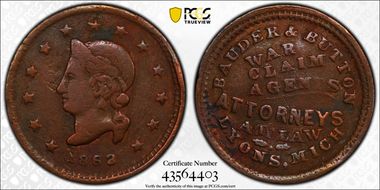 1863 Token F-587A-1a Copper PE Bauder & Button N1BN