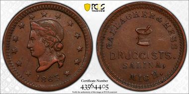1863 Token F-855A-1a Copper PE Gallagher & Hess AU58BN