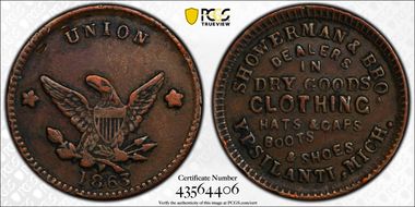 1863 Token F-960B-2a Copper PE Showerman & Bro. N1BN