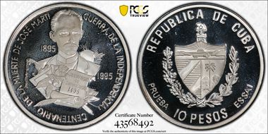 1995 10 Peso Jose Marti 100th Ann. Silver Essai PE SP67