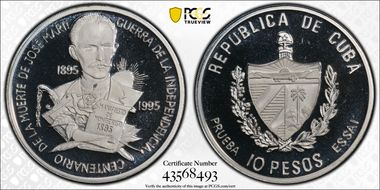 1995 10 Peso Jose Marti 100th Ann. Silver Essai RE Piefort SP68