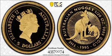 1995 $5 Kangaroo & Joey-Nugget PR70DCAM