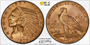 1908 $5 Indian MS64+