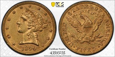 1890 $5 AU58