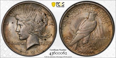 1921 $1 High Relief, Peace MS62