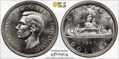 1947 S$1 Maple Leaf Doubled HP MS63