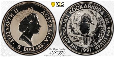 1991 $5 Kookaburra KM-138  Ag MS68