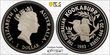 1993-P $1 Kookaburra Ag PR69DCAM