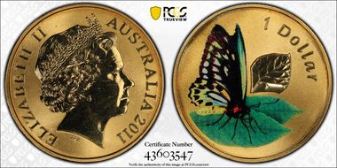 2011 $1 Cairns Birdwing Butterfly Al-Bronze Colorized MS67