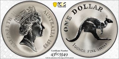 1993-C $1 Kangaroo Ag Reeded Edge MS69