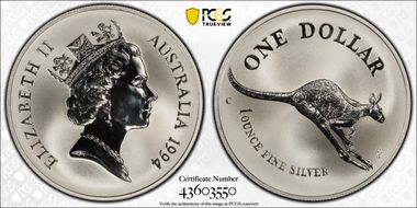 1994-C $1 Kangaroo Ag Reeded Edge MS69