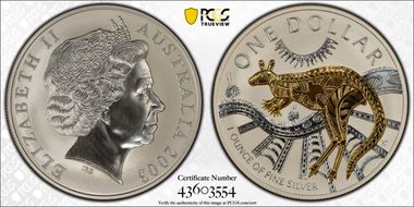 2003 $1 Kangaroo Ag Gilt MS70