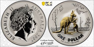 2007 $1 Kangaroo Ag-Rolf Harris Selective Gilt MS70