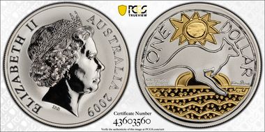 2009 $1 Kangaroo Ag-Ken Done Selective Gilt MS70