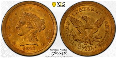 1843-O $2.50 Small Date MS64