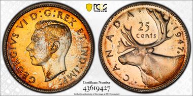 1947 25C Maple Leaf MS65+