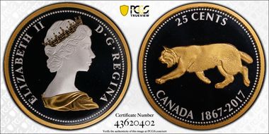 2017 25C 1967 Bobcat Partial Gilt Canada's 150th Ann. 5oz Ag PR69DCAM