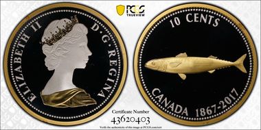 2017 10C 1967 Mackerel Partial Gilt Canada's 150th Ann. 5oz Ag PR69DCAM