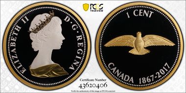 2017 1C 1967 Rock Dove Partial Gilt Canada's 150th Ann. 5oz Ag PR69DCAM