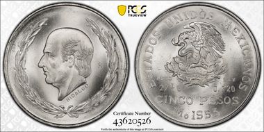 1953-Mo 5 Peso Hidalgo KM-467 Ag MS66