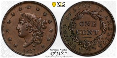 1837 1C Plain Cords, Small Letters MS63BN