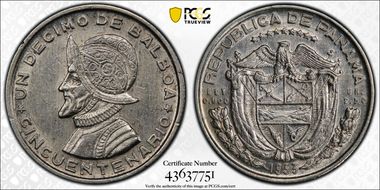 1953 1/10 B Rep. of Panama 50th Ann. KM-18  Ag AU58