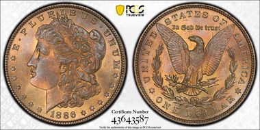 1886 $1 VAM 1C, 3+2 Rev. Clash MS65