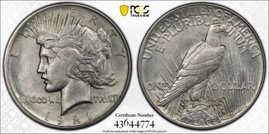 1921 $1 High Relief, Peace AU58