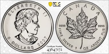 2007 $5 Maple Leaf/Ag MS66