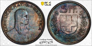 1922 B 5 Fr KM-37  Ag AU55