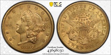 1867-S $20 AU58
