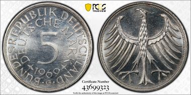 1969-G 5 Mk Regular Issue J-387 MS64