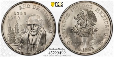 1953-Mo 5 Peso Bicentennial of Hidalgo KM-468  Ag MS66