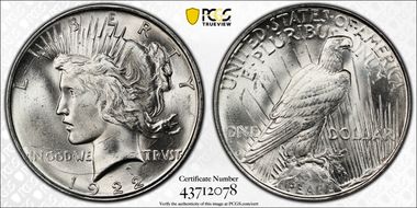 1922-D $1 VAM 3, Doubled Leaves MS64