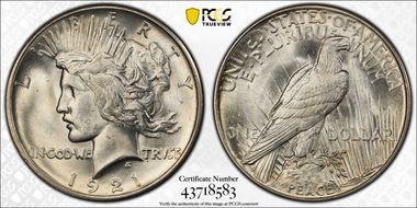 1921 $1 High Relief, Peace MS64