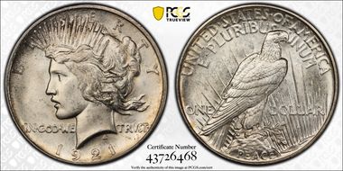 1921 $1 High Relief, Peace MS63