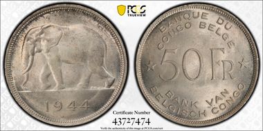 1944 50 Fr KM-27  Ag MS64