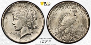 1921 $1 High Relief, Peace MS62