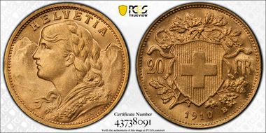 1910 B 20 Fr KM-35.1  Au MS65